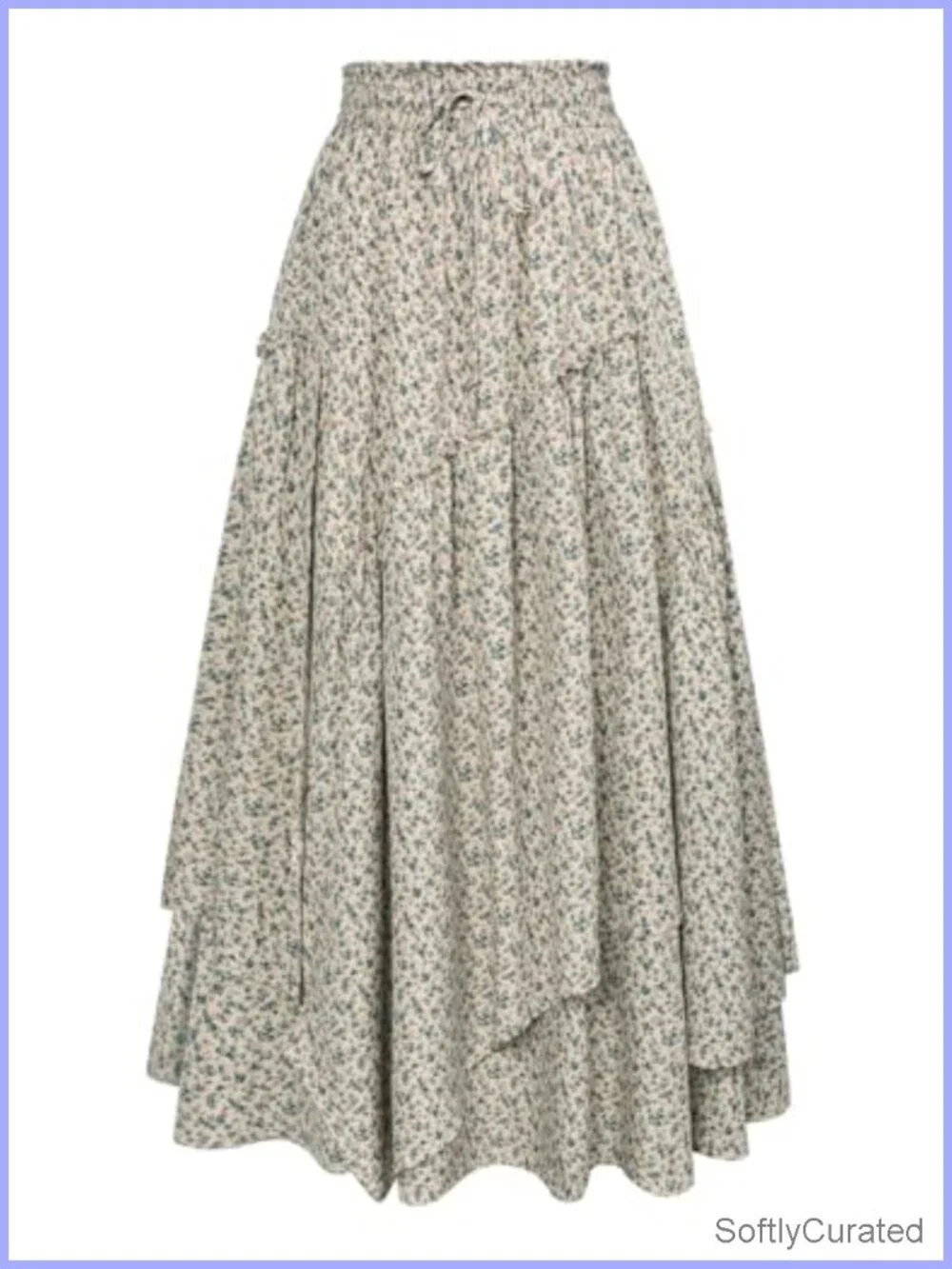 Women's Floral Maxi Skirt A-Line Elastic Waist, Layered Hem, Pockets,
